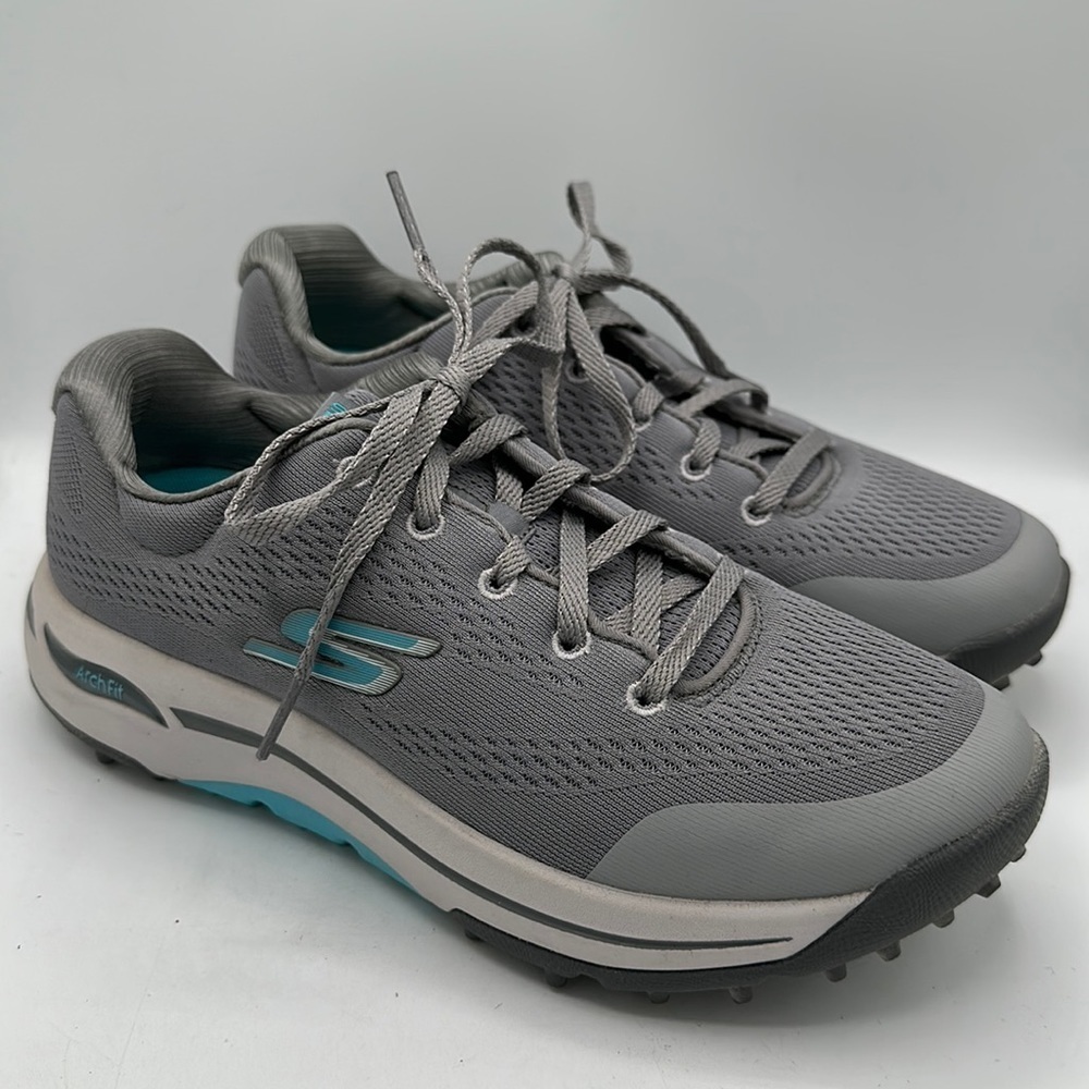 Skechers Go Golf ArchFit gray, aqua, and white golf shoes, size 6